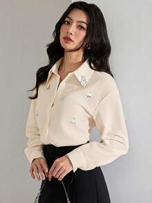 Heiryn Áo sơ mi nữ đính đá lấp lánh, kiểu dáng đơn giản, đa năng, thích hợp mặc hàng ngày. - Màu be - Xem 2