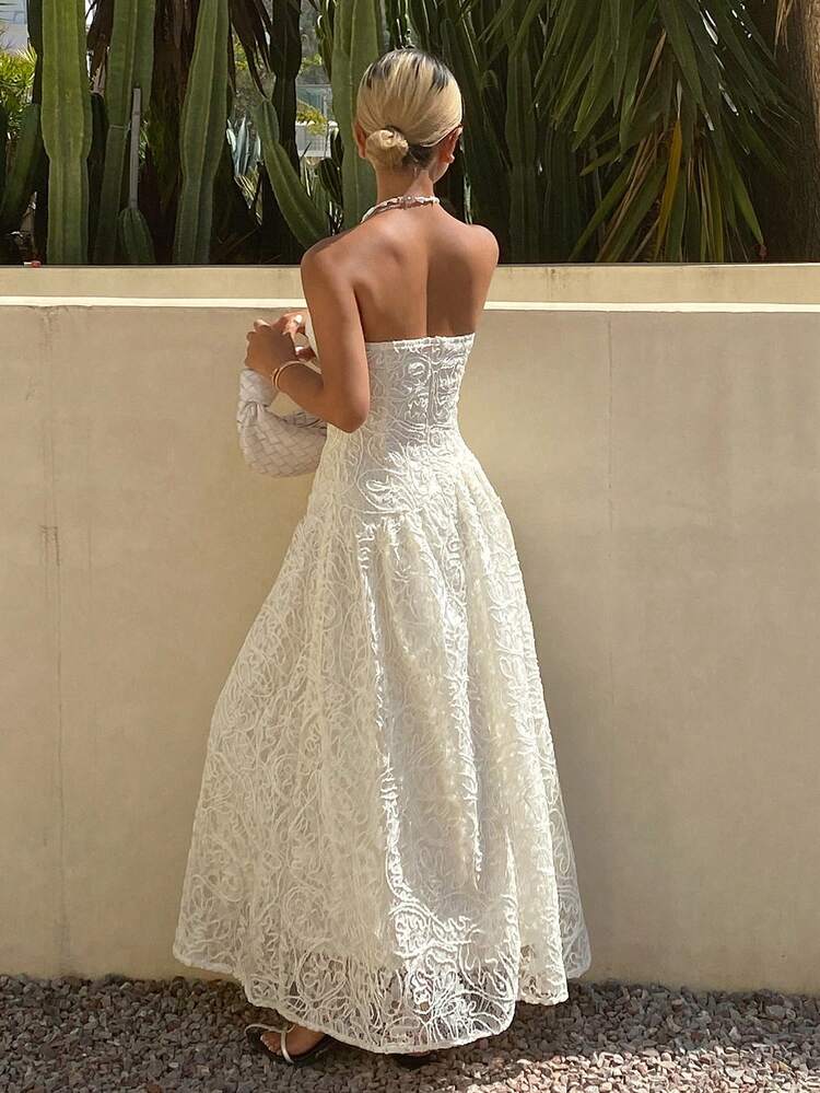 Spring & Summer Hollow Embroidered Strapless Dress, Women's Vacation Style Dress, Retro Elegant Long Dress