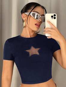 SHEIN ICON Women's Hollow Out Star Embroidery Round Neck Short Sleeve Cropped Fitted T-Shirt,Summer Top - Navy Blue - View 6