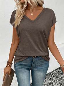 EMERY ROSE Women's Solid Color V-Neck Short Sleeve Casual Versatile T-Shirt - Coffee Brown - View 4