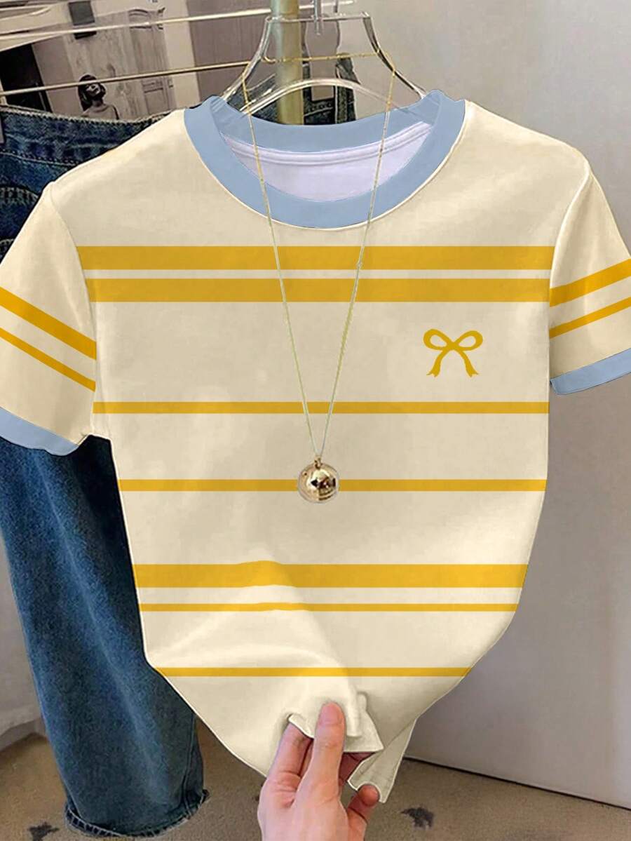 Resyla Camiseta casual de mujer con bloques de color y rayas, de verano - Amarillo - Ver 1