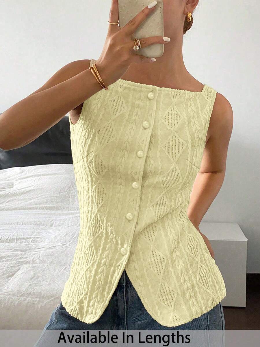 SHEIN PETITE CURVE Chaleco casual de mujer de talla grande con textura geométrica y abotonadura sencilla - Amarillo claro - Ver 1