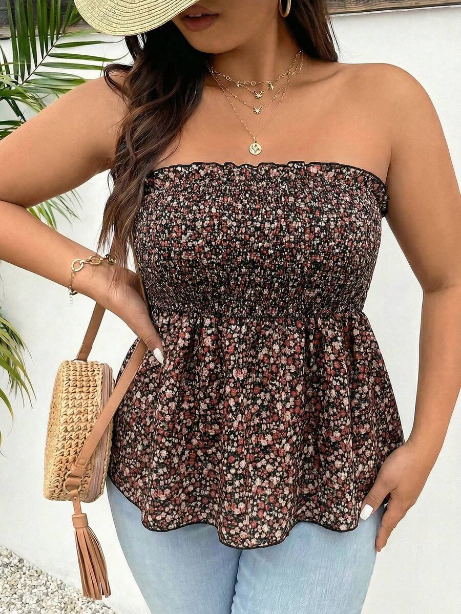 SHEIN Frenchy Plus Size Women Ditsy Floral Frill Trim Bandeau Top - Black - View 1