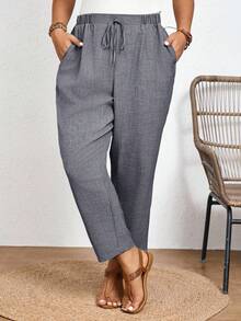 SHEIN Frenchy Quần dài trơn màu, cỡ lớn, kiểu dáng thường ngày, cạp chun co giãn và có túi chéo. - Màu xám đen - Xem 4