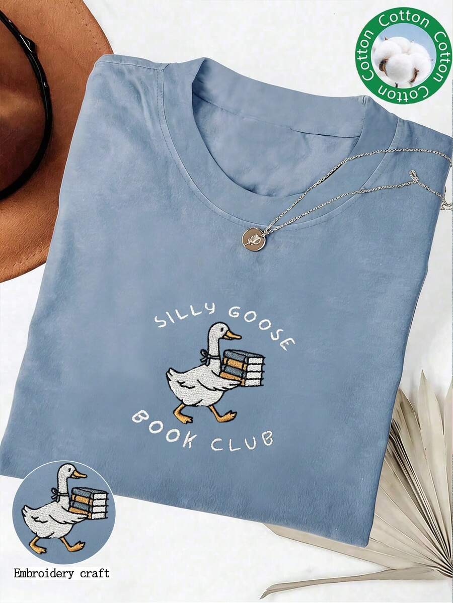 INAWLY Plus Size Embroidered Silly Goose Book Club Shirt, Comfortable Color Reader T-Shirt, Gift For Book Lovers, Round Neck Women Embroidered T-Shirt - Blue - View 1