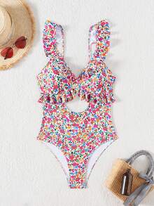 Swim Vcay 2026春夏新款玫红色小碎花随机印花可调节吊带V领可爱度假风连体比基尼泳衣（女款） - 彩色 - 查看 5