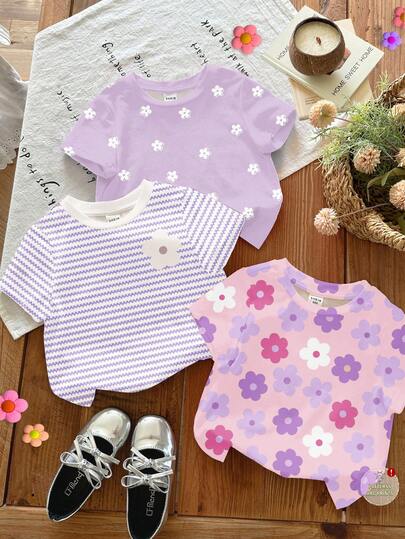 3pcs/Set Cute Khaki Floral, Cream White, Purple Stripe, Purple Round Neck Short Sleeve Basic T-Shirts, Suitable For Baby Girls Casual, Everyday Wear, Home, Holiday, Easy Comfort, Layering, Stylish, Casual Wear, Kids Floral Graphic Clothes, Chic Autumn, Fashion Winter, New Style