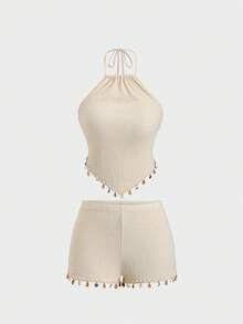 TRNVIE Women's Textured Fabric Halter Backless Shell Tassel Camisole And High Waisted Shorts,Apricot,Summer,Boho,Beach,Holiday Patchwork Outfit - Beige - View 3