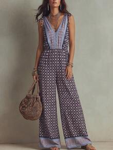 Breezaya Bộ jumpsuit nữ phong cách bohemian thắt eo, thích hợp cho kỳ nghỉ, lễ hội và tiệc trà chiều. - Màu xanh lam - Xem 4