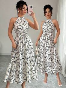 Elenzga 女士休闲植物印花假日无袖吊带裙 - 彩色 - 查看 3