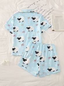 Girls' Light Blue Summer Cute Sleep Pajama Set - Multicolor - View 2