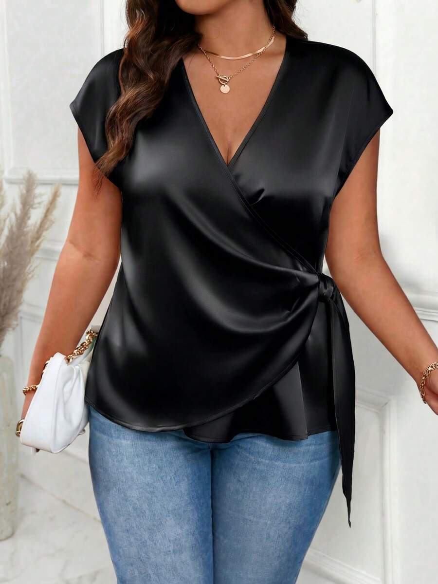 EMERY ROSE Plus Size Crinkle Texture Fabric Crossed Wrap Side Knot One-Piece Short Sleeve Casual Commuter Shirt - Black - View 1