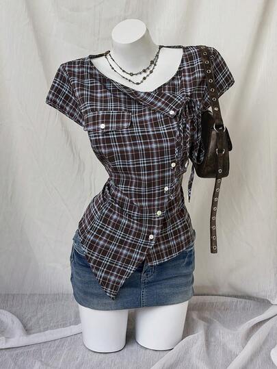Sunspun Plus Size Retro Casual Versatile Plaid Short Sleeve Asymmetric Hem Shirt With Turndown Collar