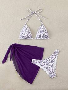 Swim Mod Bộ bikini gợi cảm mùa hè dành cho nữ, họa tiết hoa nhí, kiểu buộc dây cổ, kèm áo khoác ngoài và váy. - Màu tím - Xem 3
