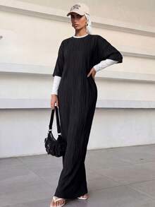 Solavon 女士纯色圆领蝙蝠袖宽松长款休闲连衣裙，春夏季，非常适合海滩/休闲/度假/家居服 - 黑色 - 查看 1