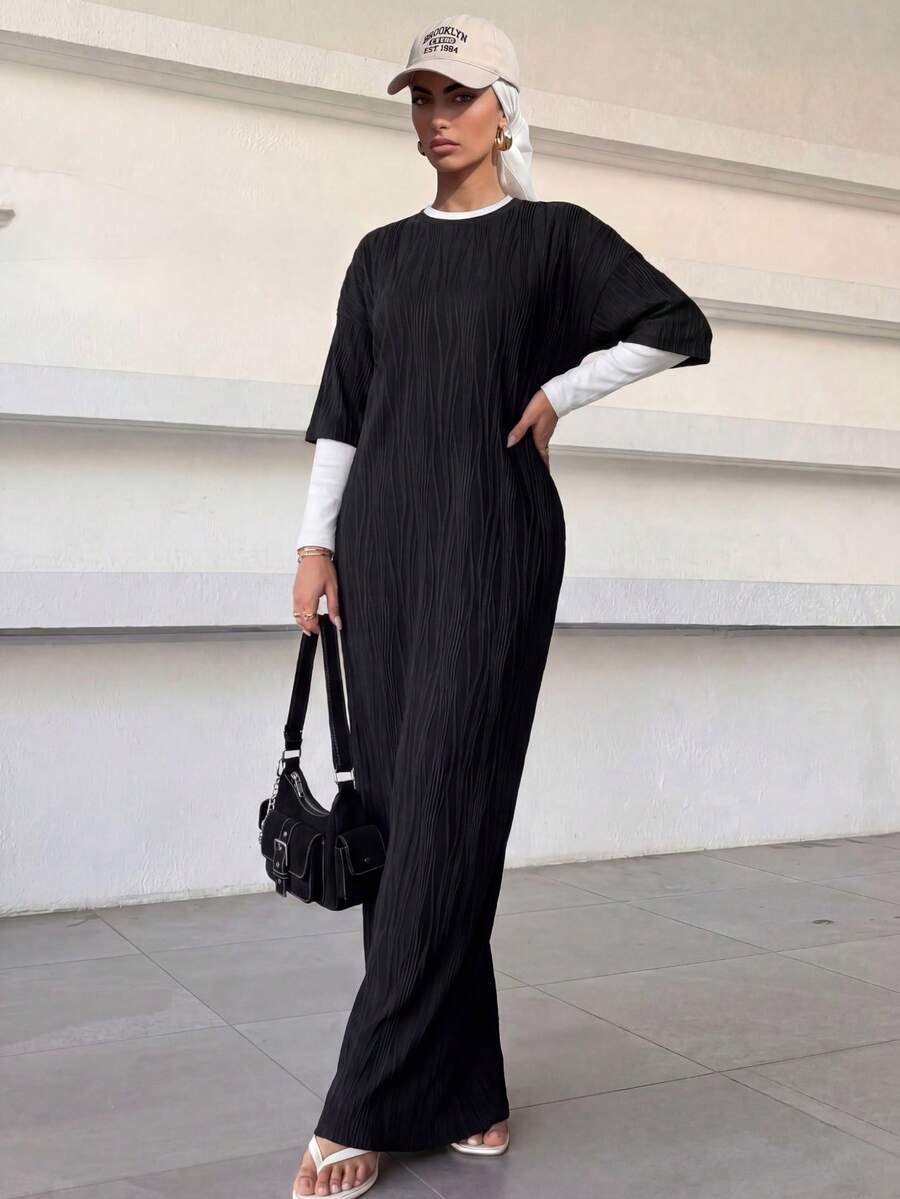 Solavon 女士纯色圆领蝙蝠袖宽松长款休闲连衣裙，春夏季，非常适合海滩/休闲/度假/家居服 - 黑色 - 查看 1