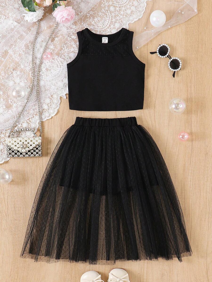 SHEIN Bộ 2 món gồm quần váy lưới và áo không tay cho bé gái, trang phục mùa hè dễ thương thường ngày. - màu đen - Xem 1