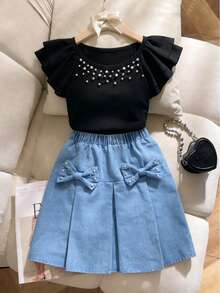 Conjunto de 2 peças para rapariga, t-shirt preta de malha com gola redonda e mangas onduladas, decoração de pérolas falsas & saia de ganga azul lavada com laço de missangas, doce e fofo para verão e escola - Preto - Ver 5