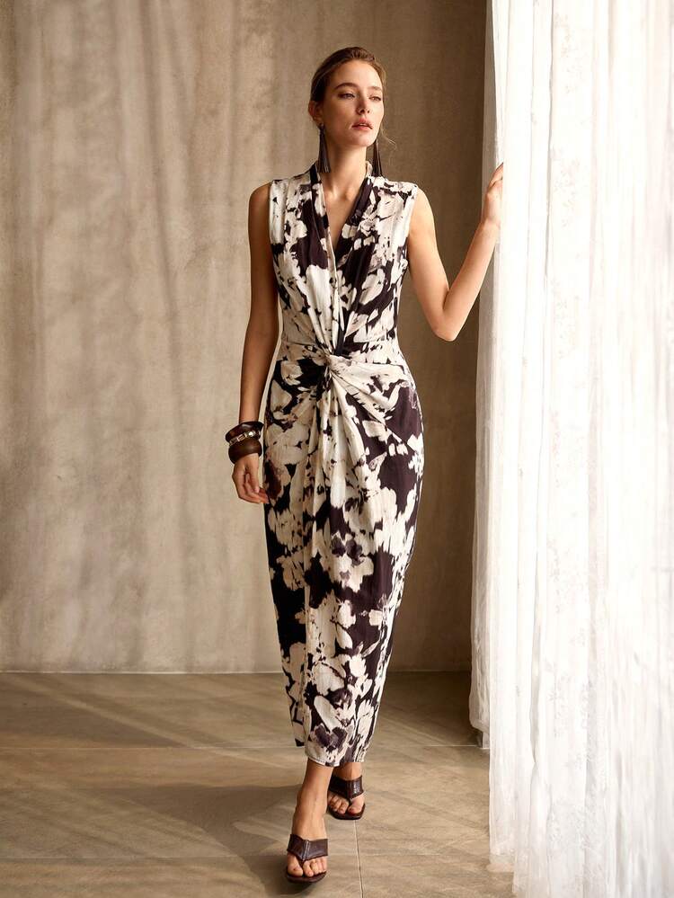 WOMEN'S LINEN BLEND DECONSTRUCTED DESIGN MID-LENGTH DRESS