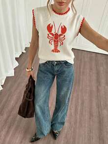SHEIN EZwear 撞色贝壳龙虾印花针织上衣，适合夏季度假、派对、日常通勤、约会、聚会、秋冬季、圣诞节、新年、感恩节、婚礼、海滩、毕业典礼、时尚、优雅、休闲、外出、约会、预订、通勤、闪亮、情人节、优雅、度假、休闲、Y2K、外出、毕业典礼海滩装扮，女士保守上衣龙虾T恤，女士夏季服装，女士夏季T恤，珊瑚色女士夏季上衣 - 彩色 - 查看 6