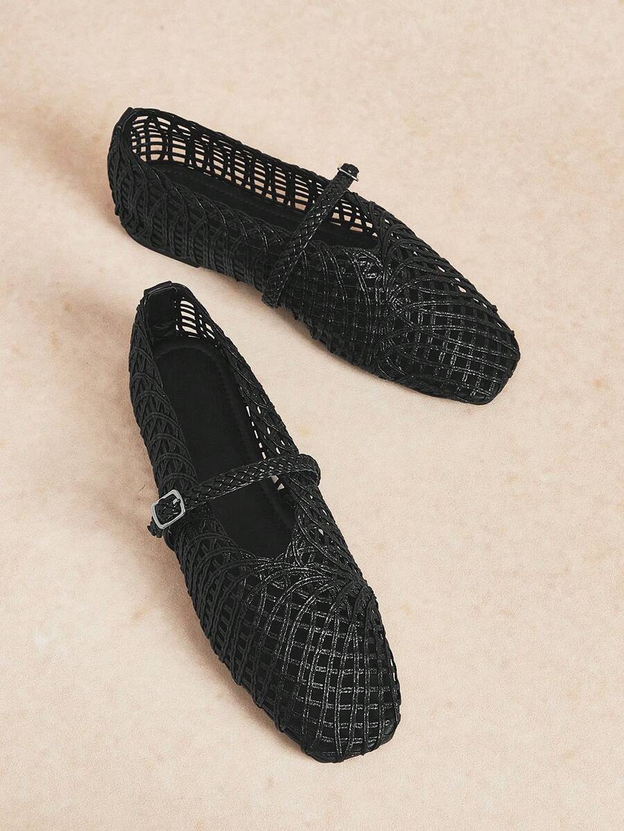 Rosivie 女士手工编织方头休闲舒适平底乐福鞋 - 黑色 - 查看 1