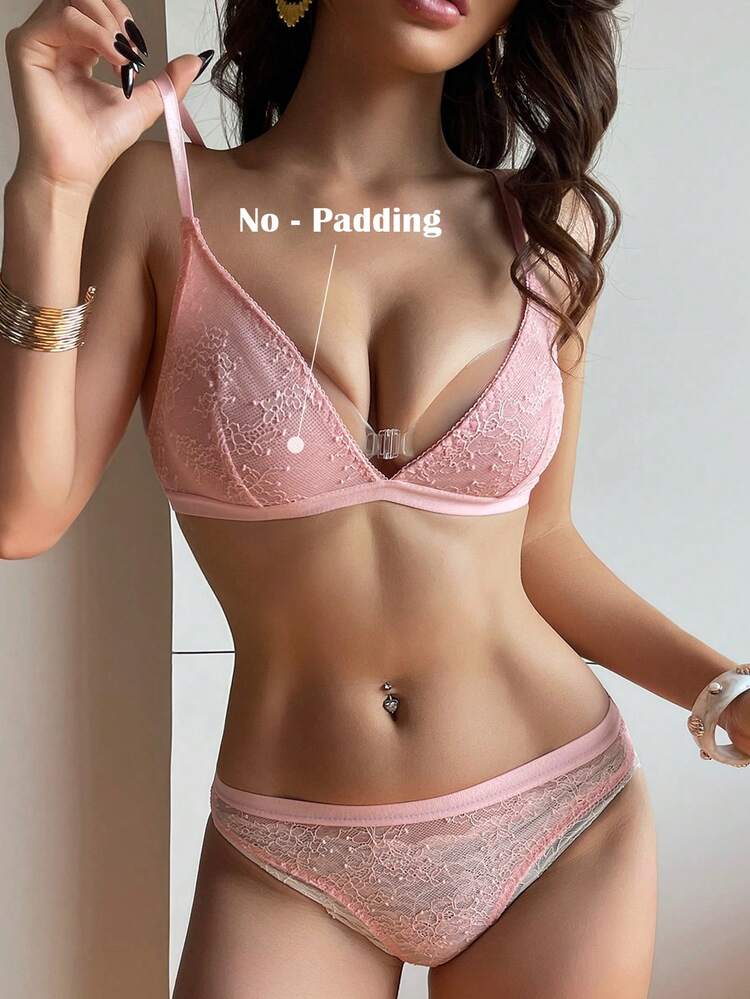 2pcs Semi-Sheer Pink Lace Patchwork Adjustable Spaghetti Strap Bra And Panty Set, Spring/Summer Women Lingerie