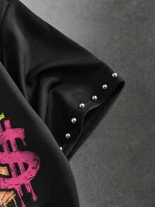 ROMWE MEN Street Life Camiseta de estilo corto con hombros caídos, suelta y con decoración de remaches estampada para hombres - Negro - Ver 4