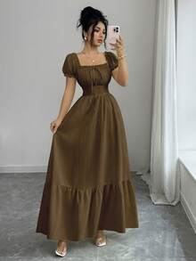 SHEIN Elenzya 新款褶皱纹理梭织面料泡泡袖连衣裙，前系带后褶皱设计，收腰剪裁，修身显瘦，优雅度假/休闲场合连衣裙，适合年轻女性 - 棕色 - 查看 6