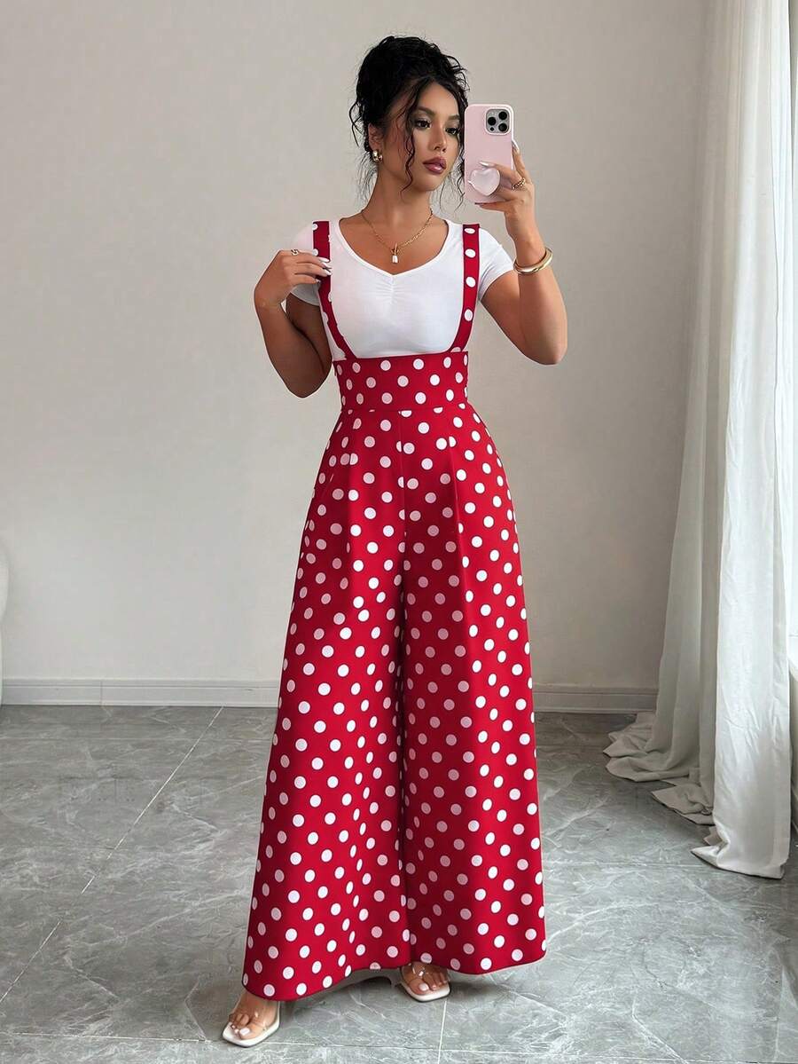 Elenzga Women's Polka Dot Print Wide Leg Jumpsuit - Red - View 1