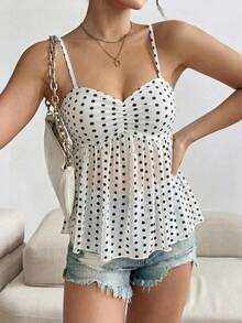 Almamuse Áo hai dây xếp nếp in chấm bi dành cho nữ, trang phục gợi cảm cho kỳ nghỉ biển. - trắng - Xem 5