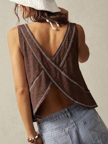 Bohemela Women Solid Color V-Neck Asymmetrical Hem Knit Vest - Coffee Brown - View 7