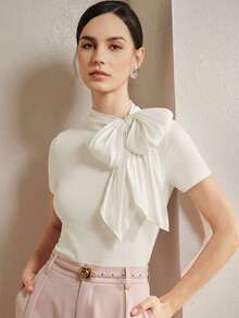 Anewsta 新款春夏优雅时尚休闲外出工作约会派对弹力修身系领短袖女式T恤 - 杏色 - 查看 6