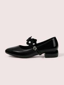 CUCCOO DOLLMOD Women's Shoes Round Toe Black Patent Leather Pearl Flower Decoration Low Vamp Cute Sweet College Style Afternoon Tea Wear Thick Heel Mary Jane Shoes - Black - View 1