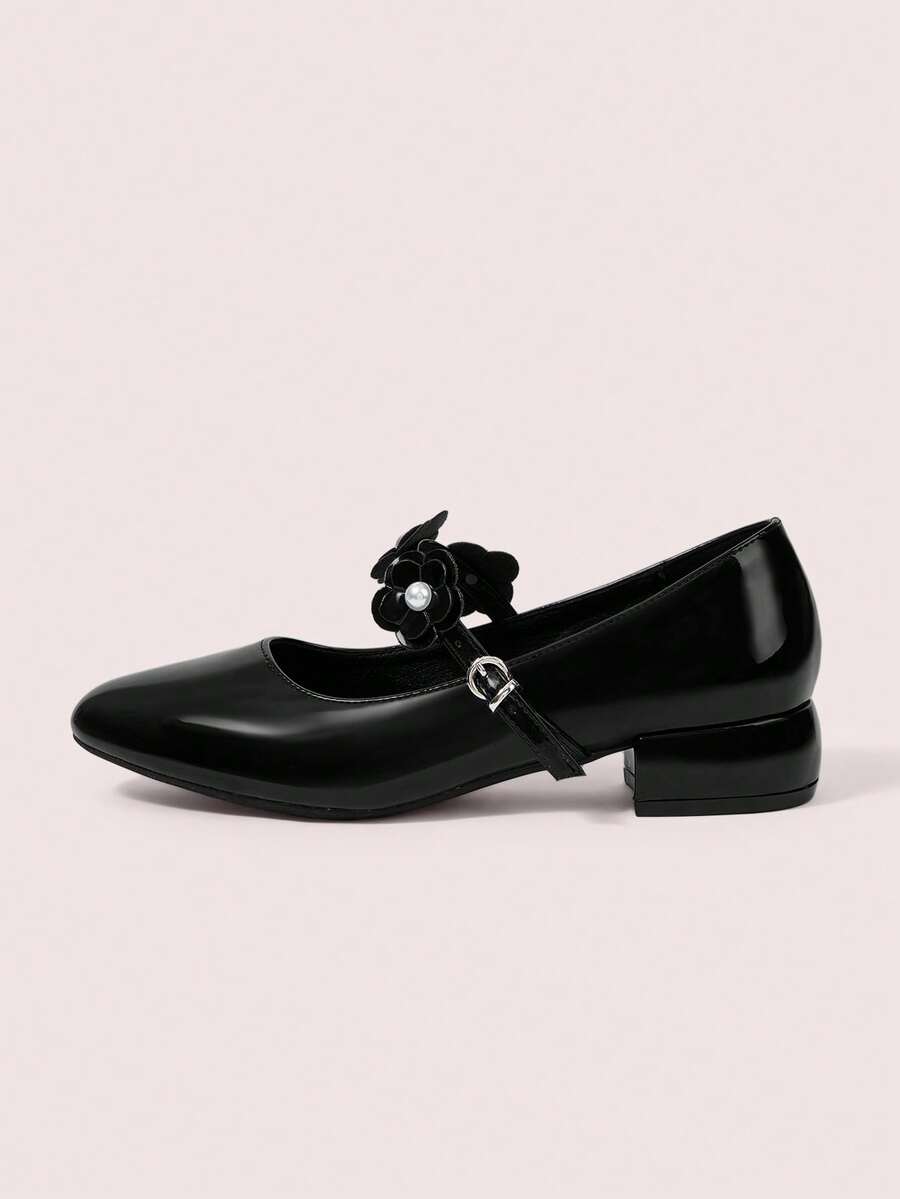 CUCCOO DOLLMOD Women's Shoes Round Toe Black Patent Leather Pearl Flower Decoration Low Vamp Cute Sweet College Style Afternoon Tea Wear Thick Heel Mary Jane Shoes - Black - View 1