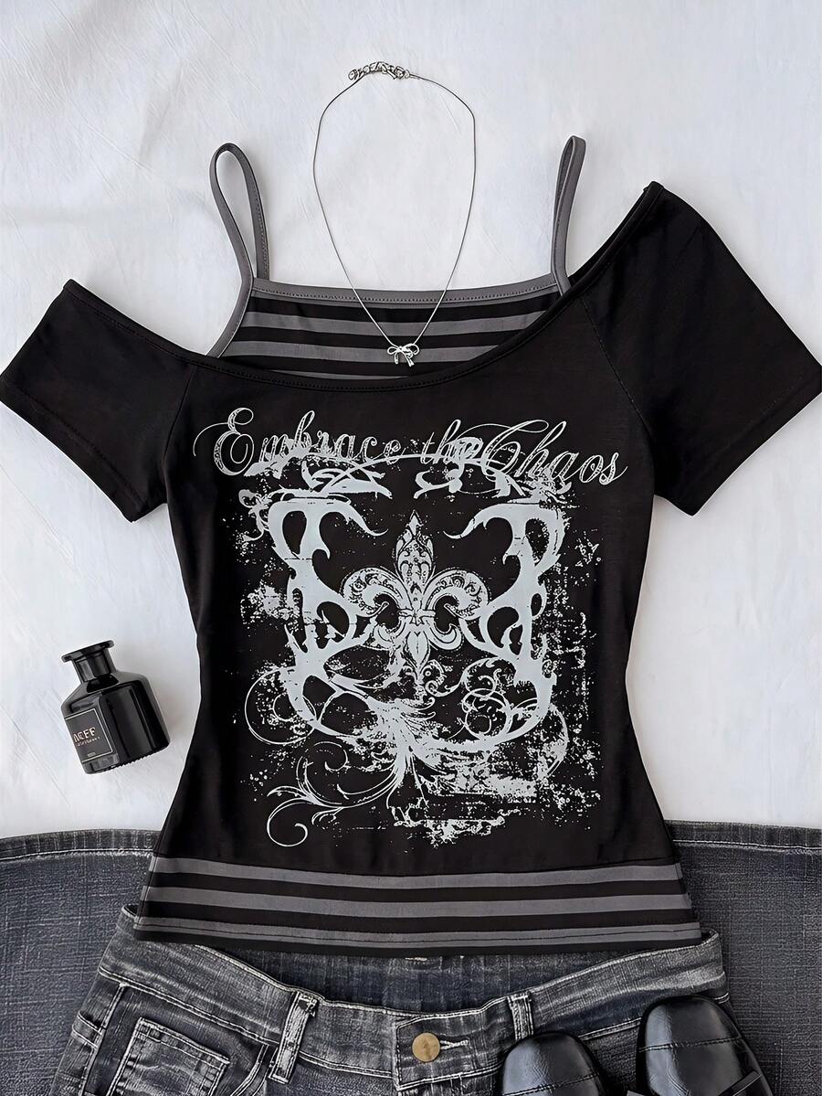 少女休闲简约Y2K黑白波点印花褶皱系带露脐上衣 - 黑色 - 查看 1