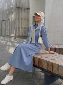 Mulvari 純色扣子前拉繩腰鬆緊收口襯衫袖中長款連衣裙 - 藍色 - 查看 6