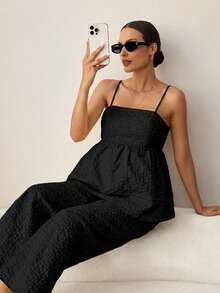 MaterniWear Maternity Summer Solid Color Jacquard Ruffle Hem Camisole And Pants 2 Pieces Set - Black - View 6