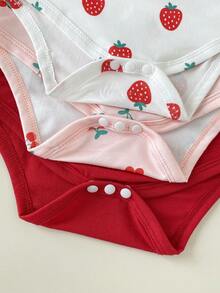 SHEIN Playful Pals 3件套女童夏季针织连体衣，可爱樱桃草莓图案纯色无袖连体衣，适合居家、休闲、外出、派对穿着 - 彩色 - 查看 6