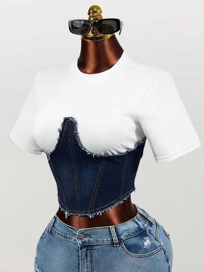 Mistrie Women's Round Neck Color Block Casual Everyday Denim Top Y2k Summer Clothes Xrlq9 Ladies Clothes Yatch Outfit Women Zoo Outfit Women Workout Bodysuit
