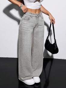 SHEIN PETITE 女士带口袋阔腿宽松休闲百搭牛仔裤 - 灰色 - 查看 7