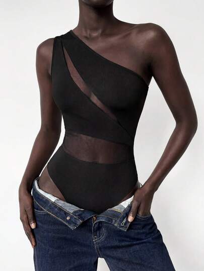 Maija 2026 봄 & 여름 여성용 메시 스플라이스 비대칭 칼라 보디수트, 결혼식 하객, 호스트, 데이트, 파티, 콘서트, 브런치, 공항, 다양한 경우에 적합, 블랙