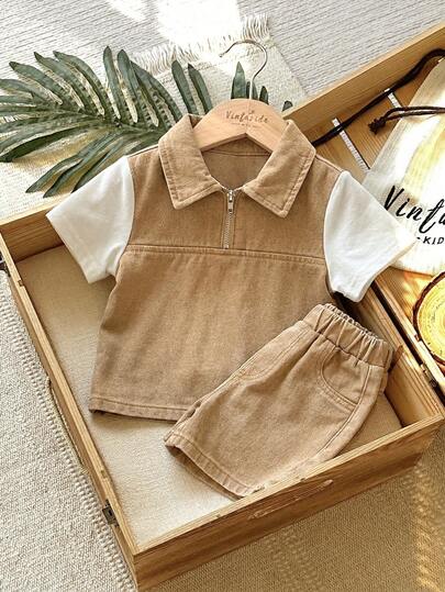 SHEIN Bộ 2 món áo thun ngắn tay Henley và quần short denim kaki cho bé trai.