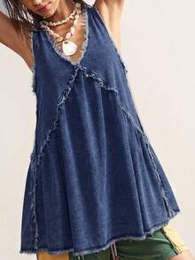 Bohemela Đầm denim nữ dáng rộng, không tay, cổ chữ V, viền tua rua. - Rửa tối - Xem 5