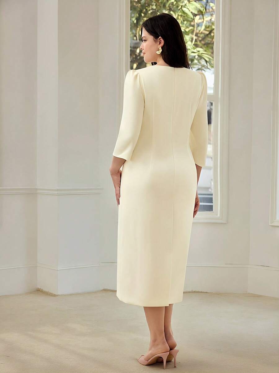 MOTF PREMIUM PLUS ELEGANT PETAL SLEEVE MIDI DRESS WITH FRONT PLEATS, ROMANTIC WEDDING GUEST DRESS - Multicolor - View 2