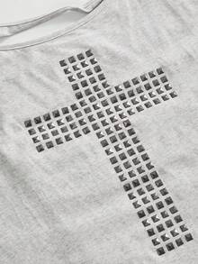 ROMWE Grunge Punk Áo thun dáng rộng màu trơn, thiết kế đinh tán hình chữ thập phong cách Y2K Punk, cắt laser, đa năng. - Màu Xám nhạt - Xem 2