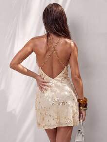SHEIN Glamour Áo choàng hở lưng màu be đính sequin, chất liệu chiffon, gợi cảm, dễ thương, quyến rũ dành cho nữ, thích hợp cho buổi hẹn hò. - Màu be - Xem 4