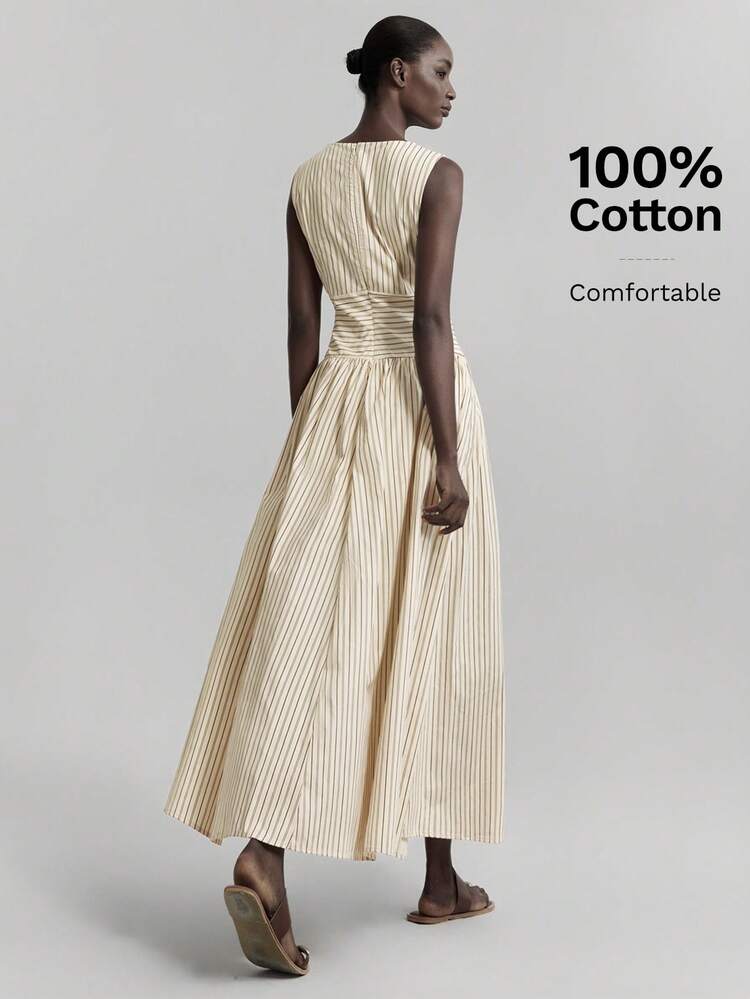 2026SS New Arrival Spring Women's Striped Patchwork Elegant Lady Striped Round Neck Sleeveless Waist Pleated Casual Dress, Daily Wear, Easter Dress, Summer Dress, Graceful Dress, Casual Dress, Long Dress, Holiday Dress, Wedding Dress