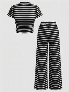 SHEIN 女童纯色咖啡色针织侧褶皱高领修身上衣和阔腿裤两件套，夏季海滩度假，母女/姐妹亲子装，家庭度假亲子装，节日装，法式风格，可爱优雅，甜美复古，时尚百搭。适合休闲日常穿着及上学穿着。 - 黑與白 - 查看 4