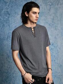 ROMWE MEN Street Life Men's Solid Color Minimalist Daily Short Sleeve T-Shirt With Tie Detail - Black - View 5