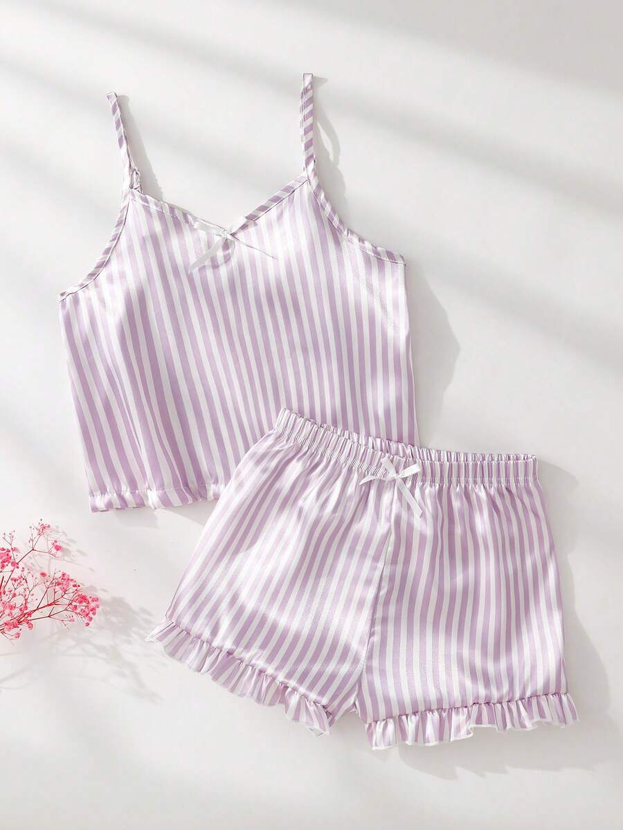 SHEIN 2件組 V領無袖背心上衣與短褲夏季粉色白色條紋睡衣套裝,可愛緞面睡衣居家服,適合前青春期女孩 - 淡紫色 - 查看 1